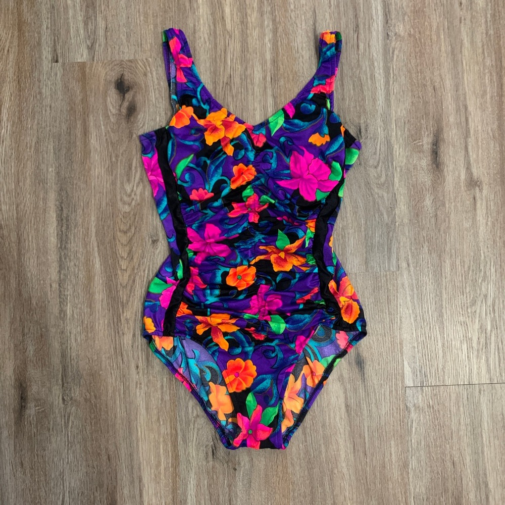 Vintage 80s Maxine of Hollywood floral one piece bathing suit - size 14 - USA